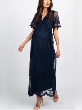 Pink Blush Navy Blue Floral Lace Flutter Sleeve Maternity Maxi Dress